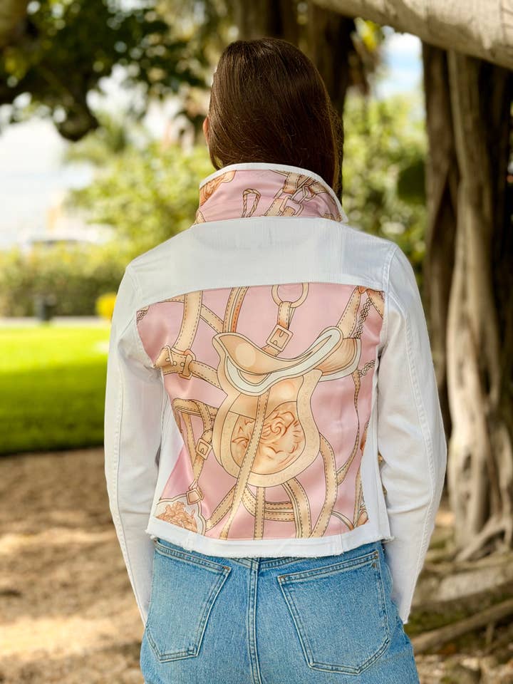 The White Denim Jacket / Pink Equestrian for wholesale by Stacy Bradley Design