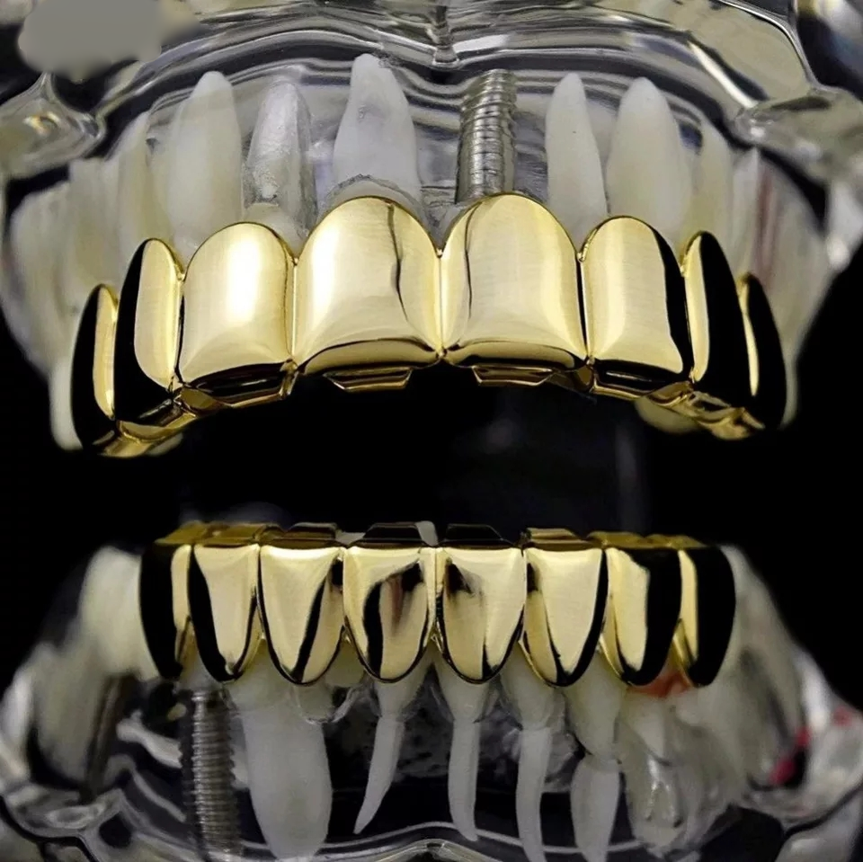 GB Jewelry – Joias - Homem por atacado – Grillz folheados a ouro 18K para 8 dentes superiores ou 8 inferiores8