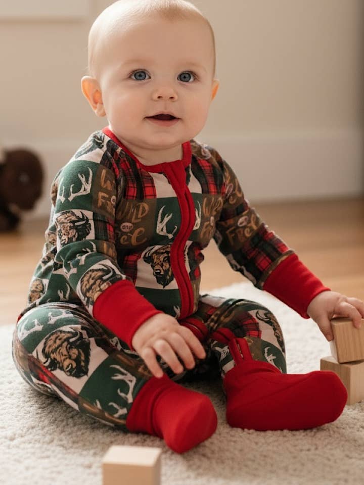 Wild & free Bison printed baby onesie with fold over footie and hands. LR073004 SOL for wholesale by Kids Charm Online