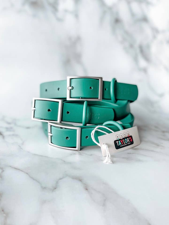 waterproof green collar for wholesale by Taylor's Pawsome Shop