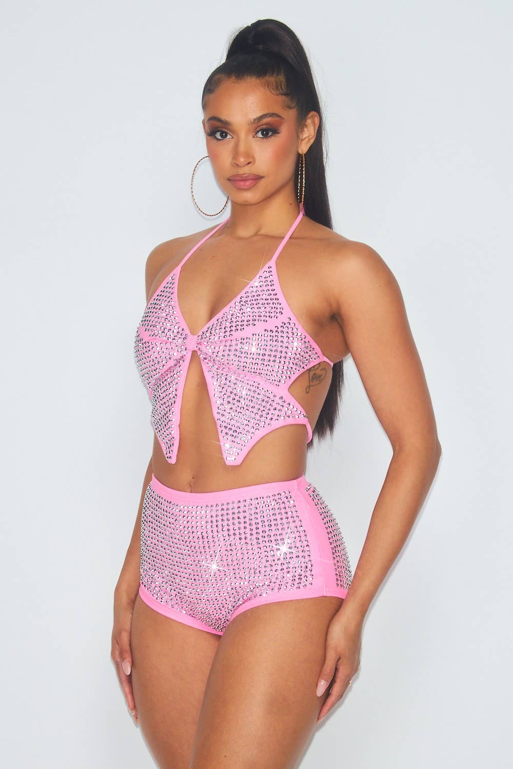 PINK Butterfly Rhinestone Crop Top And Shorts Swim Set (HGC7893) for wholesale on Faire1