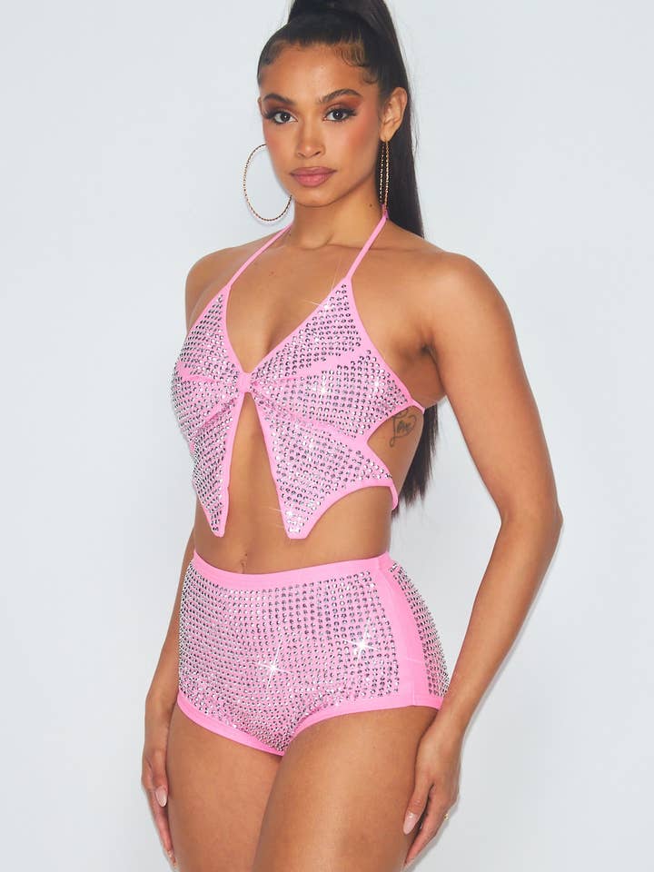 PINK Butterfly Rhinestone Crop Top And Shorts Swim Set (HGC7893) for wholesale on Faire1