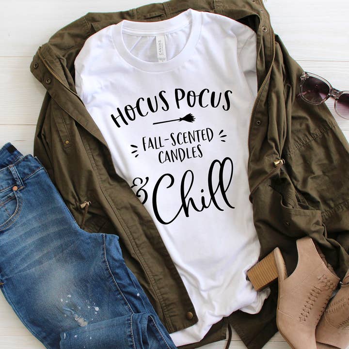 Hocus Pocus Fall Scented Candles & Chill T-Shirt Fall Shirt for wholesale by Zoe Creative Co