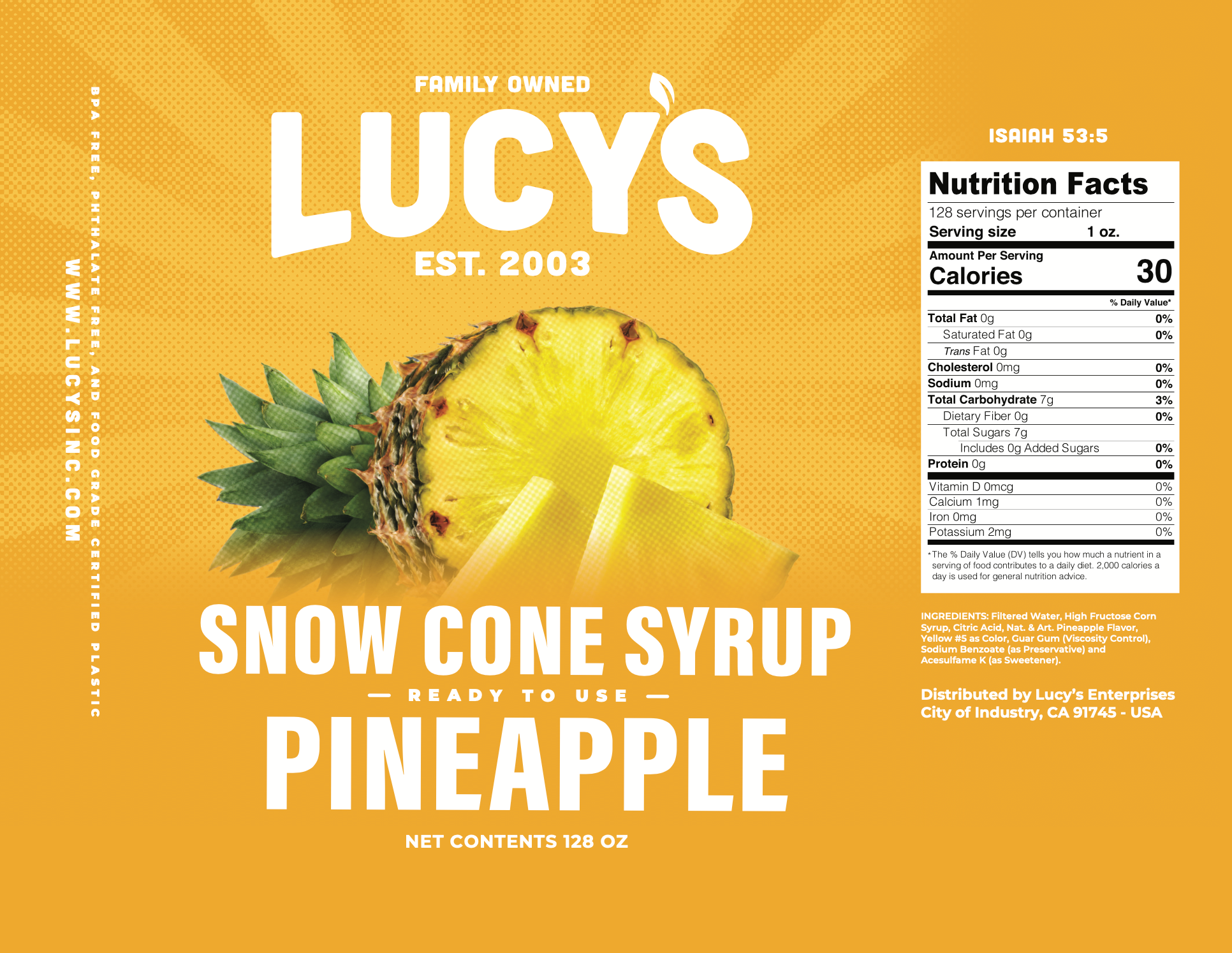 Lucy's - Wholesale Flavored Syrup - Pineapple Snow Cone Syrup - 128oz3