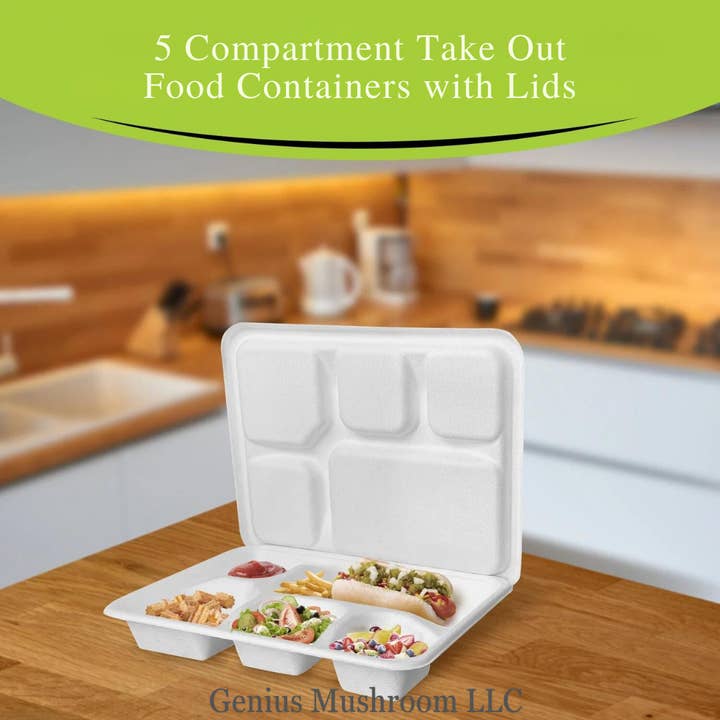 GeniusMushroom - Wholesale Disposable Plate - Disposable 5 compartment Tray With Lid, Bagasse Meal Tray2