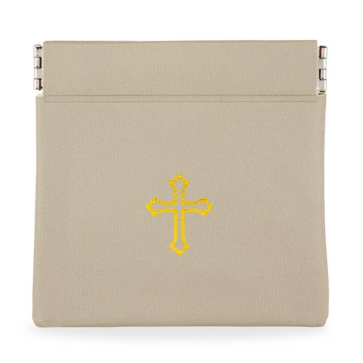 Gray Vinyl Rosary Pouch Squeeze Top Gold Cross Imprint for wholesale by RM Trading