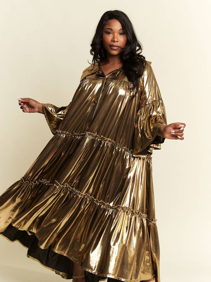 Namatt Design - Vente Robe – femme - Robe évasée plissée métallisée à plusieurs niveaux à manches évasées9