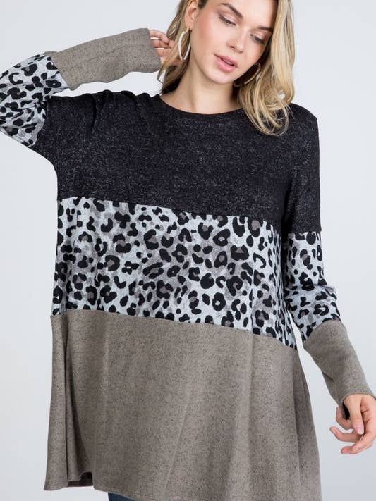 Dyreprint Farveblok Børstet Sweater Top for engroshandel hos Rose Mellow Fashion