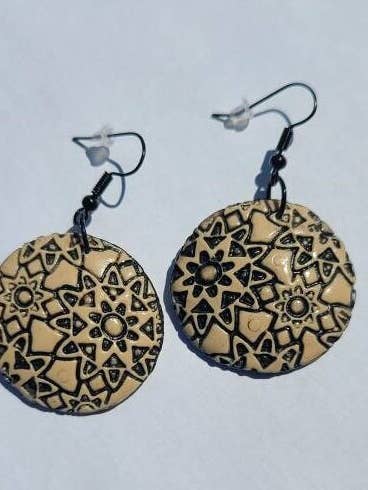 Boho Earrings, Black And Beige, Round, Polymer Clay Jewelry for wholesale by Dayna Olson Handmade
