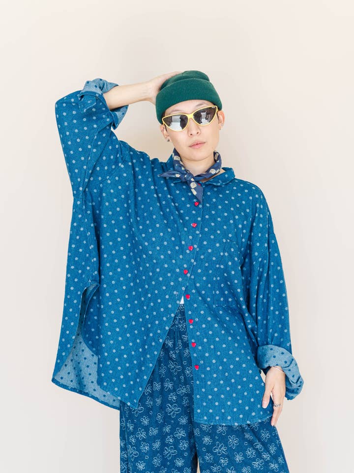 Nettle Studios - Wholesale Button Down Shirt - Women's - Size Inclusive Plus Size Polka Dot Denim Button Up Shirt8