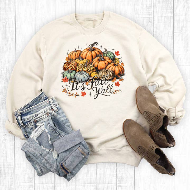 Boho Leopard Fall Pumpkins It's Fall Y'all Sweatshirt for wholesale by Rebel Rose