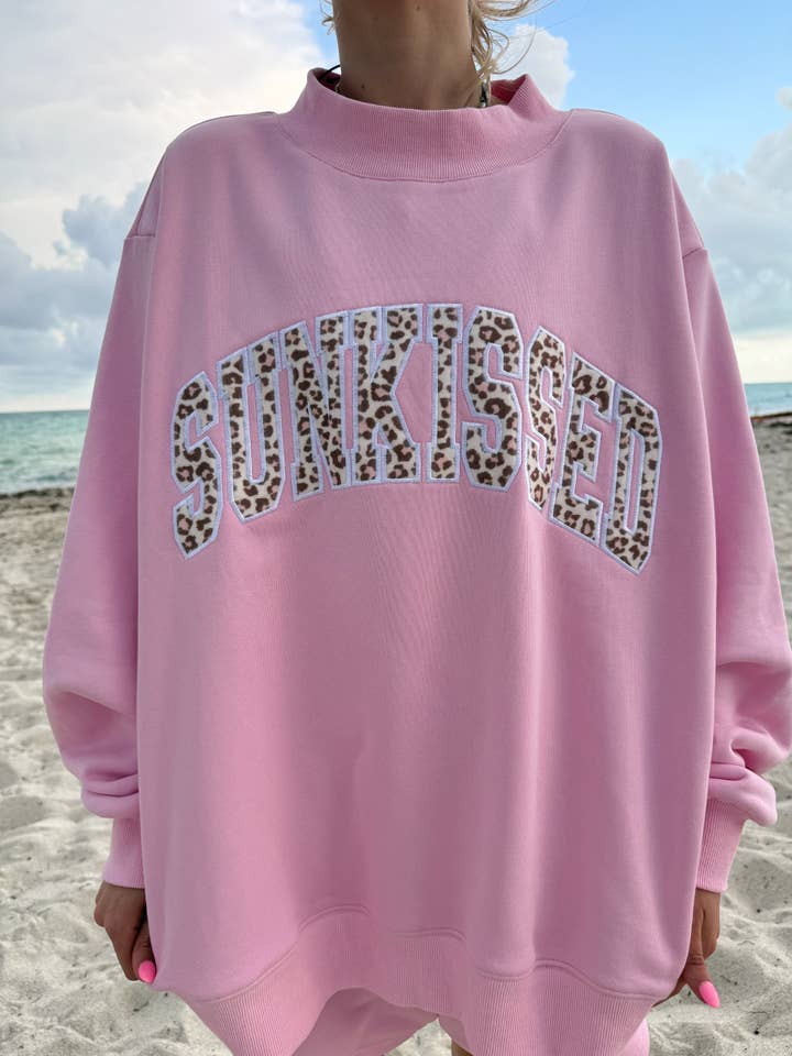 Bubblegum Pink Cheetah Print Varsity Sunkissed Embroidered Mockneck Sweatshirt 100% Cotton for wholesale on Faire