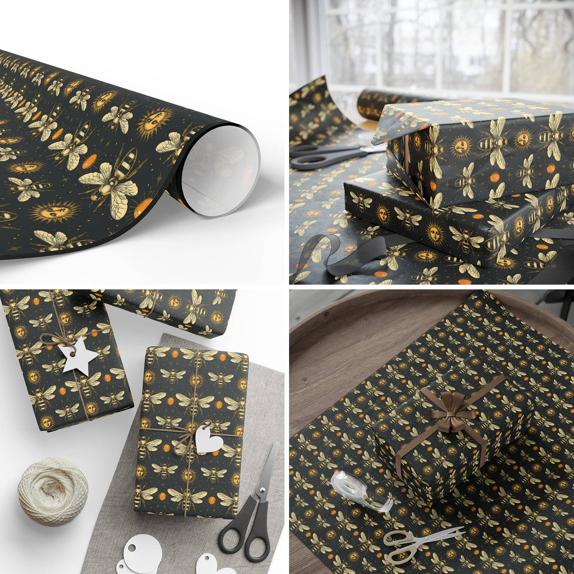Asunder Bazaar - Wholesale Wrapping Paper Roll - Celestial Bees Wrapping Paper Set 3 Sheet Roll 2