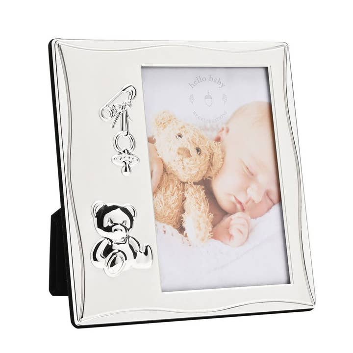 Hello Baby Moldura prateada de 2 tons com ícone de pelúche 4" x 6" por atacado de WIDDOP and Co.