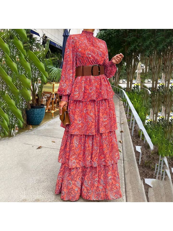Lily Clothing - Wholesale Dress - Women's - WOMEN SHIRRED HIGH NECK BOHEMIAN TIERED DRESS_CWDMD06452