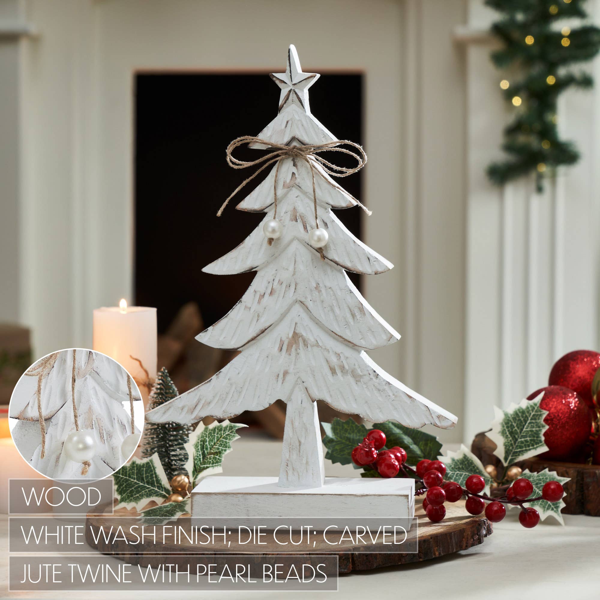 VHC Brands - Wholesale Decorative Tabletop Object - Festive Fir Distressed White Wooden Tree Large 12.75x8.25x2.51