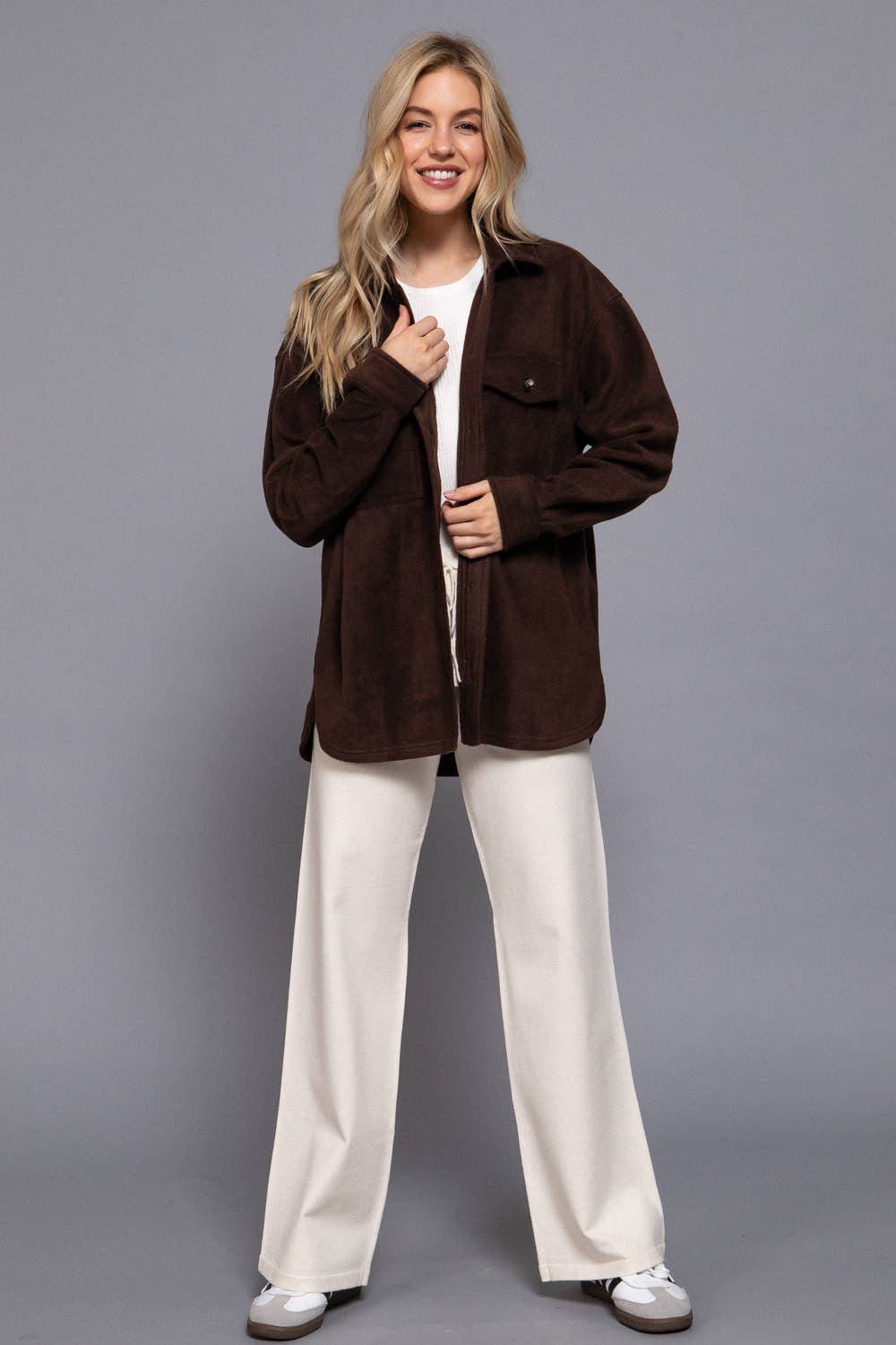 Active Basic | Active USA - Wholesale Shirt Jacket/Shacket - Women's - Long Sleeve Notched Collar Front Pocket Fleece Jacket 17