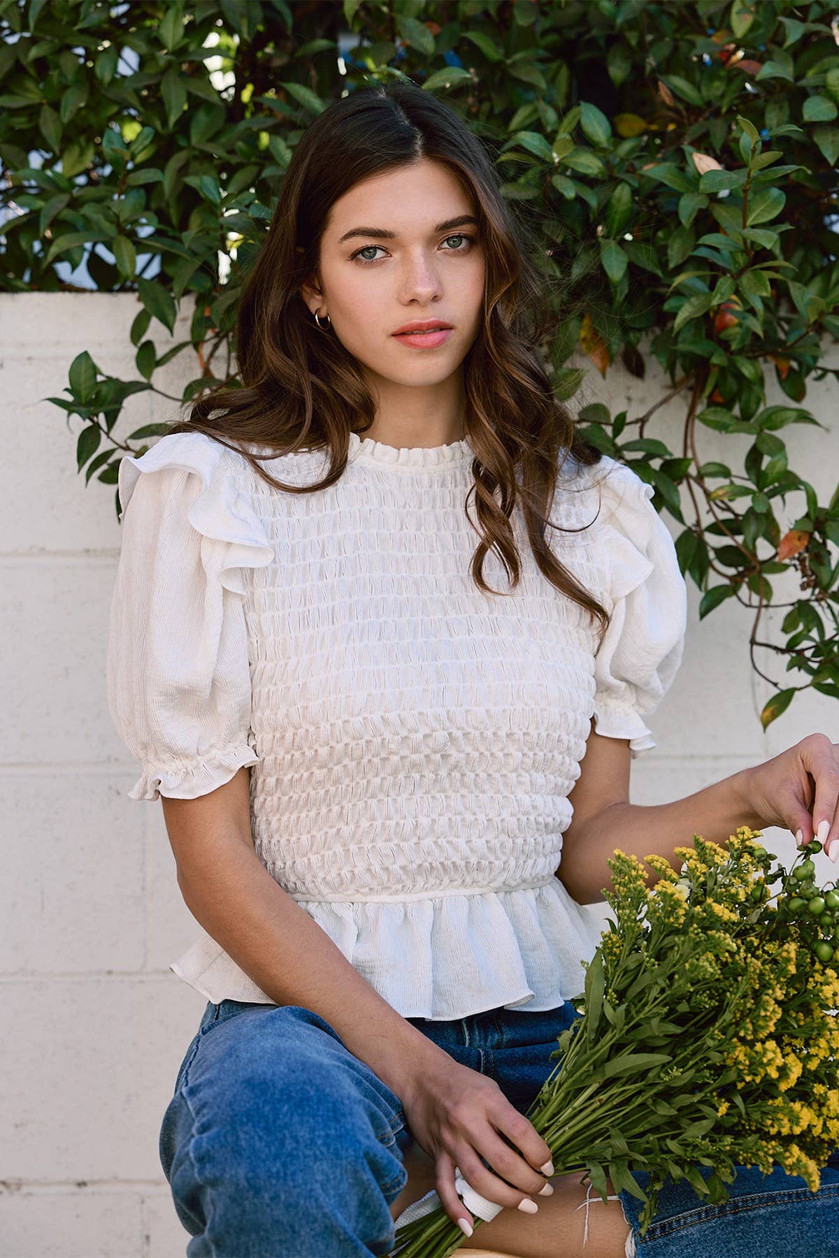 RAISONNEL - Wholesale Blouse - Women's - Linen Ruffle Smocking Blouse - RT10521