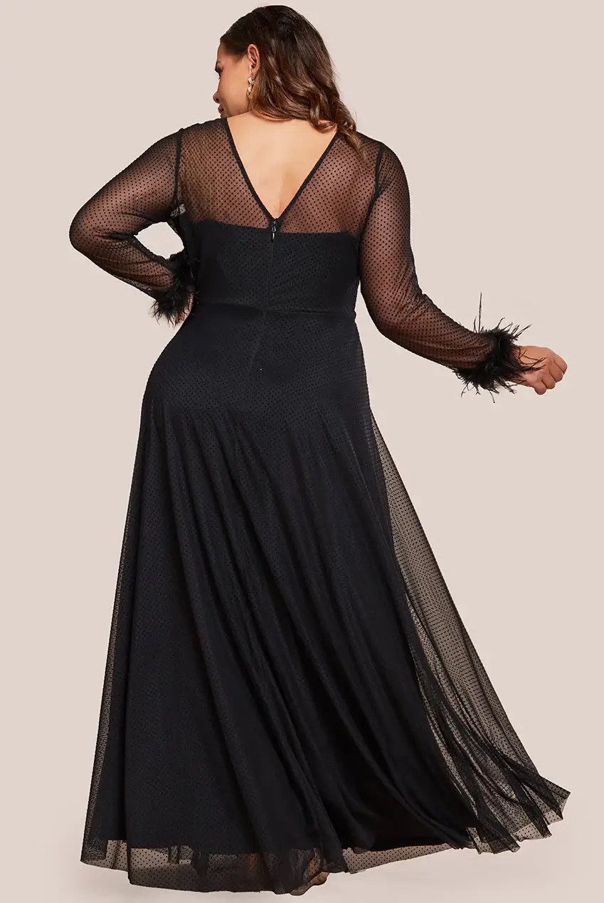 Black Goddiva Dobby Mesh Feather Sleeve Hem Maxi Dress DR4046PLUS for wholesale on Faire1