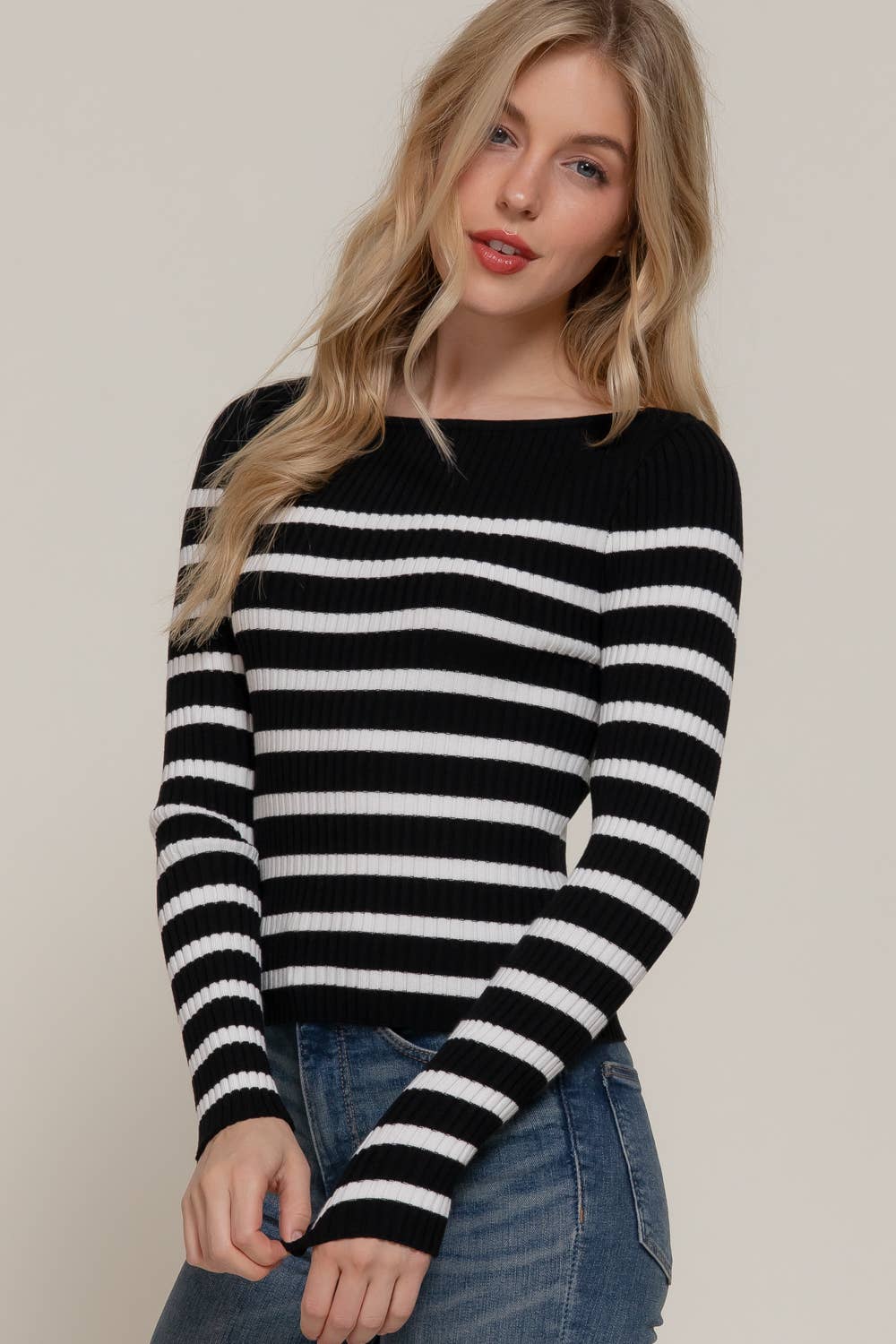 Active Basic | Active USA - Wholesale Knit Sweater - Women's - Long Sleeve Boat Neck Stripe Sweater6
