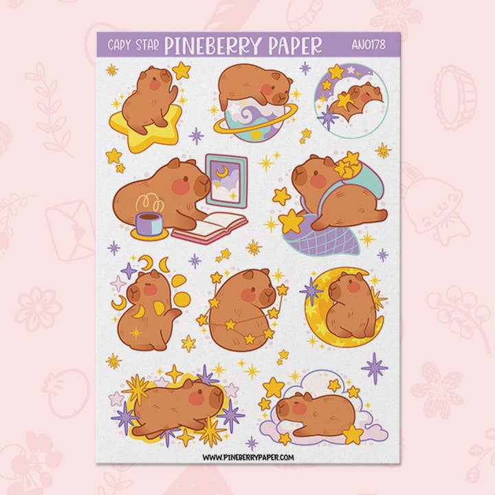 Capybara Star Sticker Sheet for wholesale by Pineberry Paper