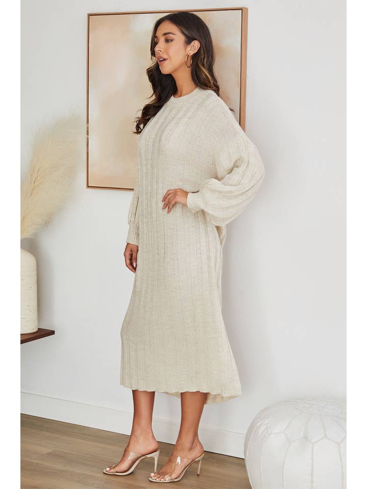 VENTI6 - Wholesale Dress - Women's - Classic Ribbed Long Sleeve Sweater Dress 6737-BEIGE