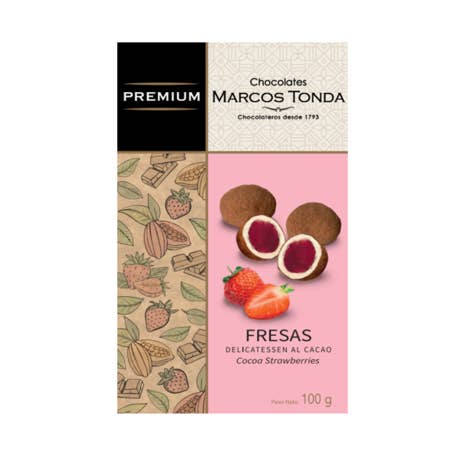 Delicatessen Cocoa Strawberries 100g – Braille Packaging for wholesale by Chocolates Marcos Tonda
