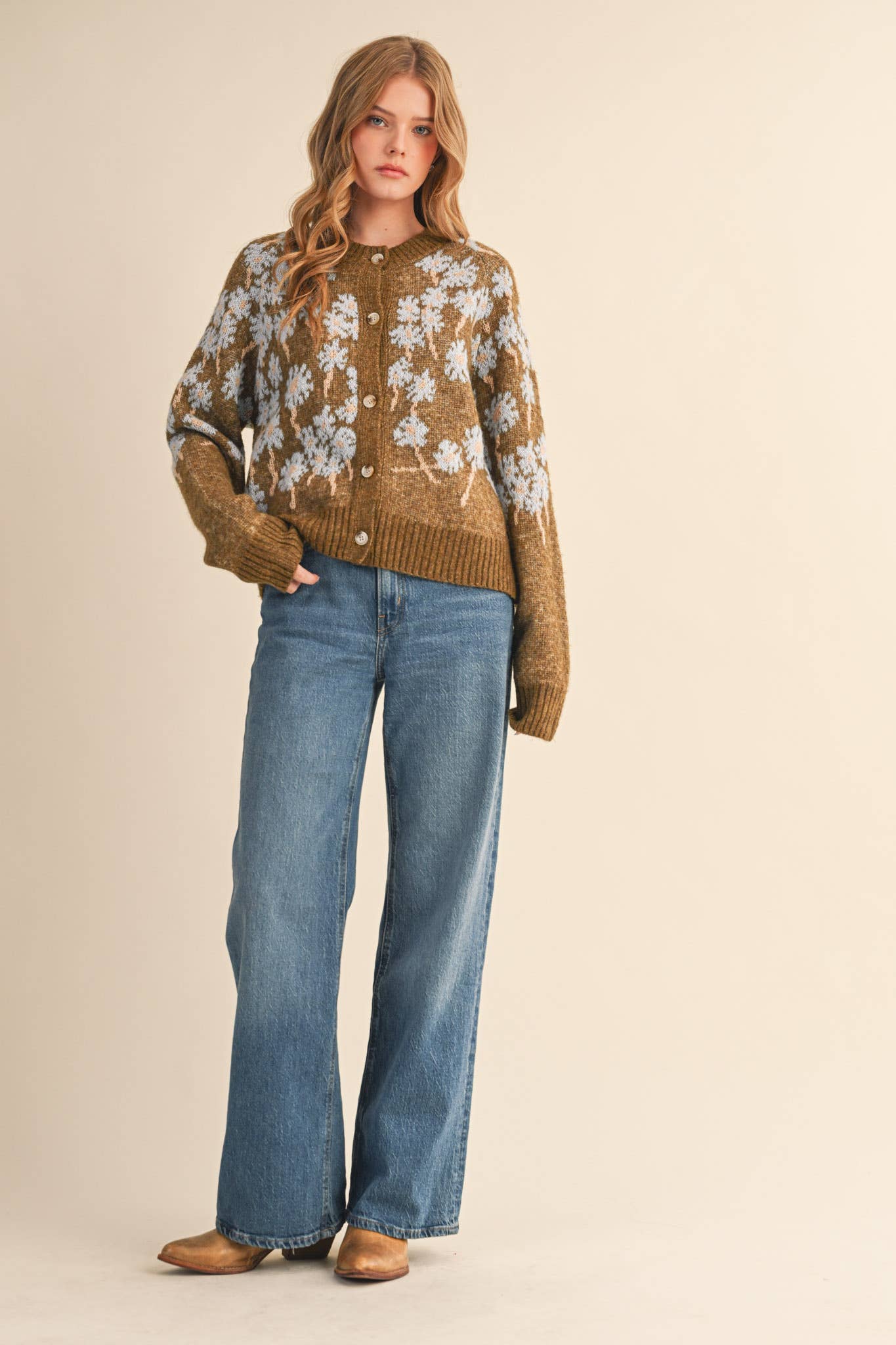 &MERCI - Wholesale Cardigan - Women's - FLORAL KNIT BUTTON DOWN SWEATER CARDIGAN MSW1123856