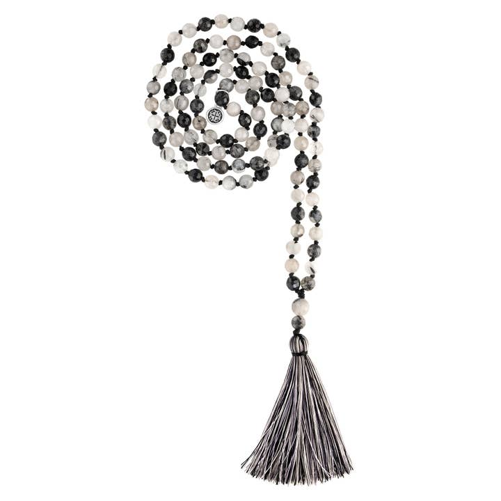 GUÉRISON : Mala à facettes en quartz rutile noir, 108 perles, noué à la main pour la vente par Mala and Mantra