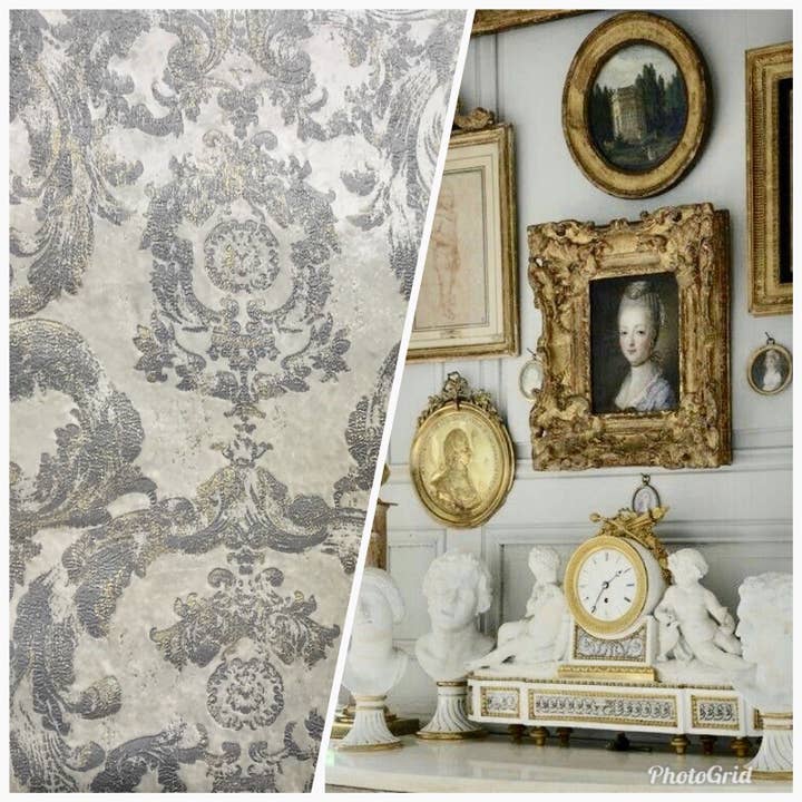 Fancy Styles Fabric – wholesale Fabric – NEW! Queen Renee Antique Inspired Burnout Velvet Damask Fabric - White W/ Silver & Gray