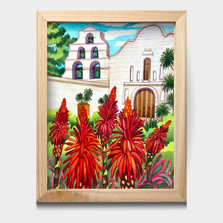 Impression à l'aquarelle Old Mission San Diego, 11 x 14 pouces pour la vente par Chloe Marie Hourdequin Designs