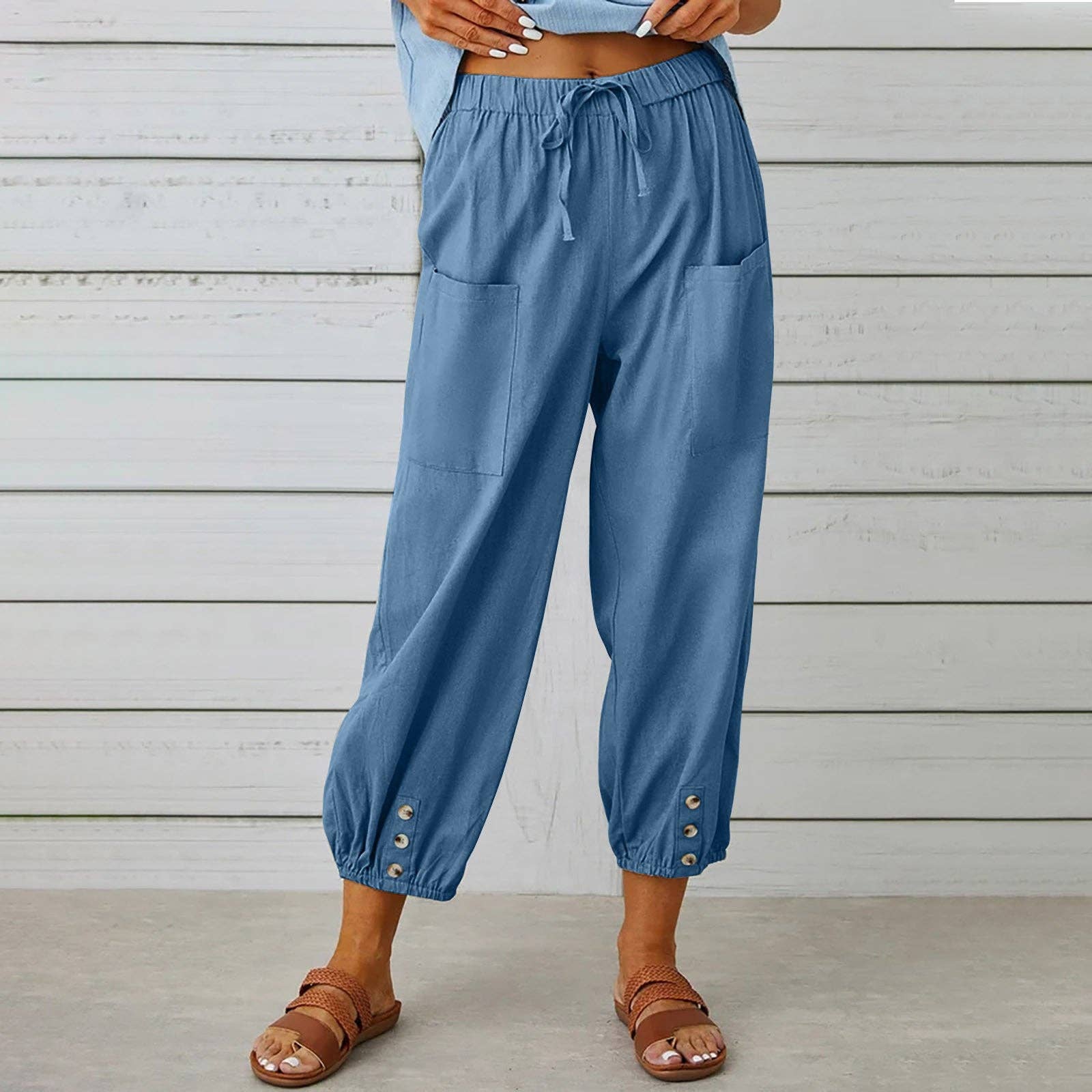 safistyle - Wholesale Pants - Women's - Loose High-Waist Buttoned Cotton Linen Wide-Leg Pants4