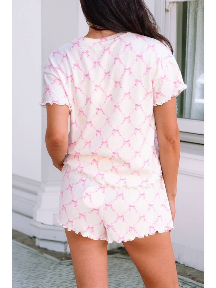 Pink LDC Bow Knot Geometric Print Lettuce Trim Two Piece Pajams for wholesale on Faire
