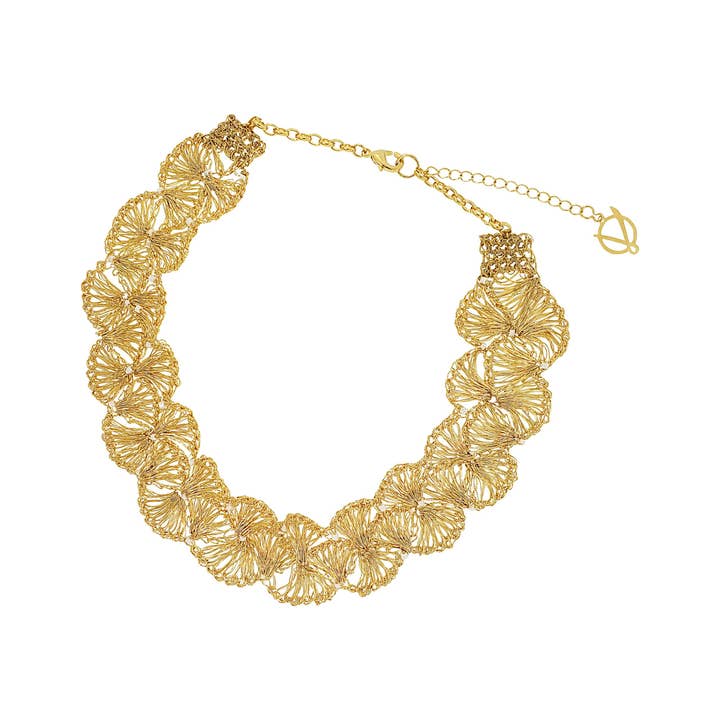 Pearl & Gold Shells Handmade Crochet Necklace for wholesale by Lavish By Tricia Milaneze