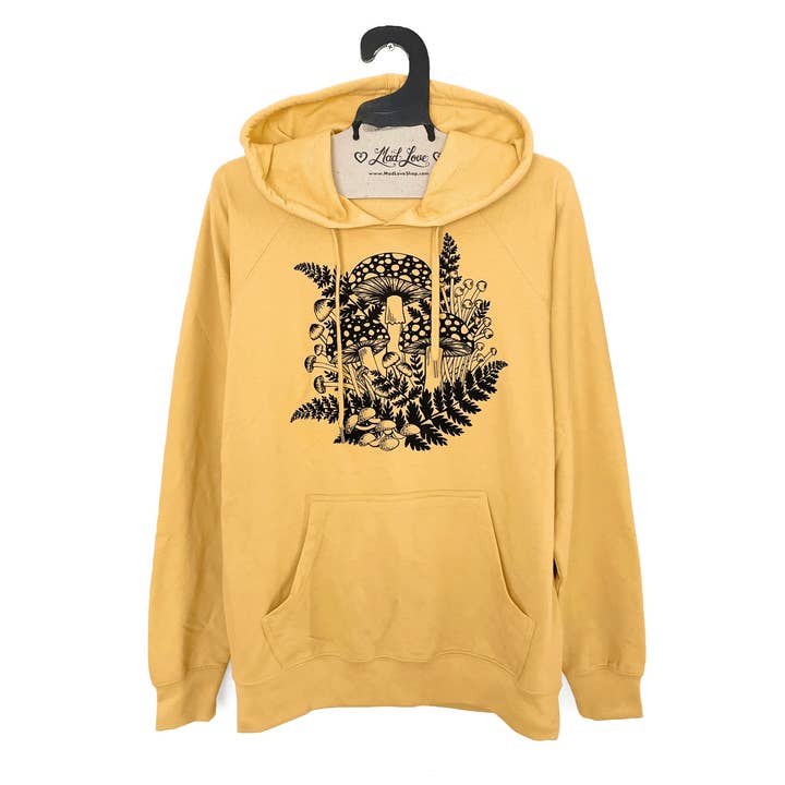 Sudadera unisex de felpa dorada, verde oliva y malva con helecho en forma de hongo para venta al por mayor de Mad Love Shop
