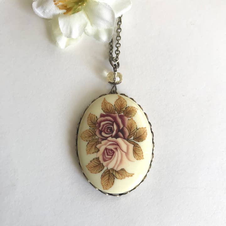 Botanical Bird - Wholesale Pendant/Charm Necklace - Rose cameo necklace, vintage porcelain cabochon pendant, 24"