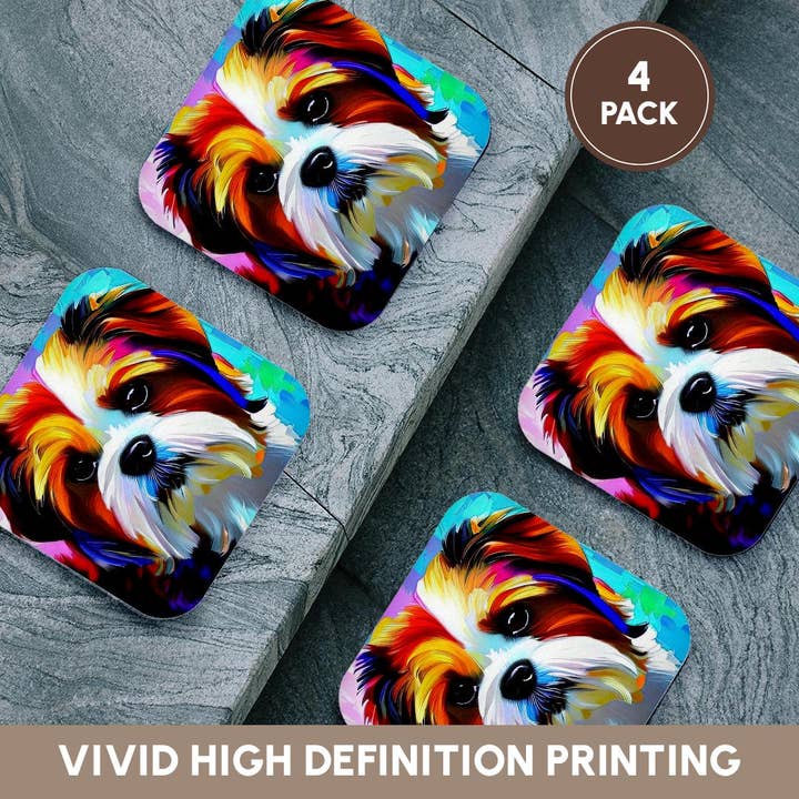 3dRose - Wholesale Coasters - 3dRose, Charming Shih Tzu dog portrait on blue and pink family friendly gift, Coaster12