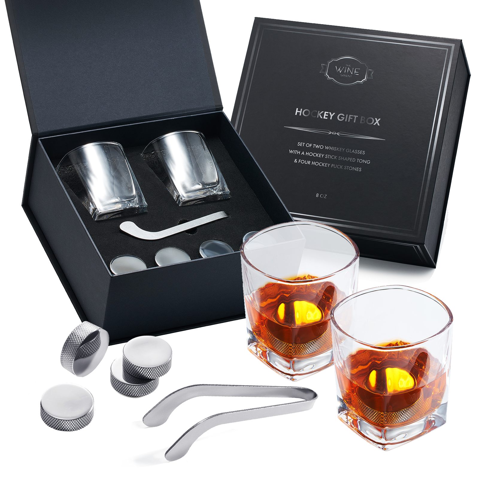 The Wine Savant /  Khen Glassware - Wholesale Drink Chilling Cubes - Hockey Whiskey Stones 7pcs Set | 4 stones, tongs, 2 glasses0