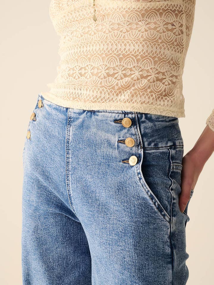 BLUE Straight Leg Marine Jeans With Gold Buttons in Mid Wash for wholesale on Faire7