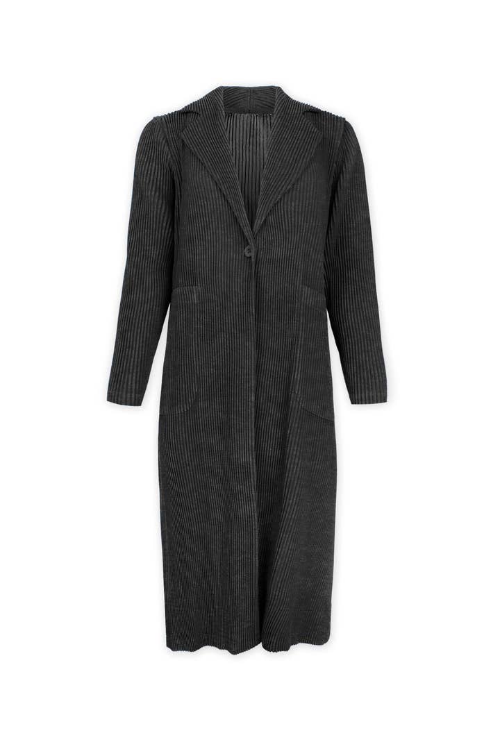 Black Kiara Double Knit Plissé Coat for wholesale on Faire0