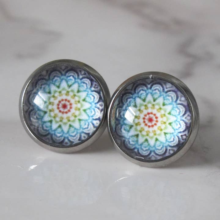 Mandala blue hues Stud Earrings 10mm for wholesale by Crystal McMaster Jewellery Designer