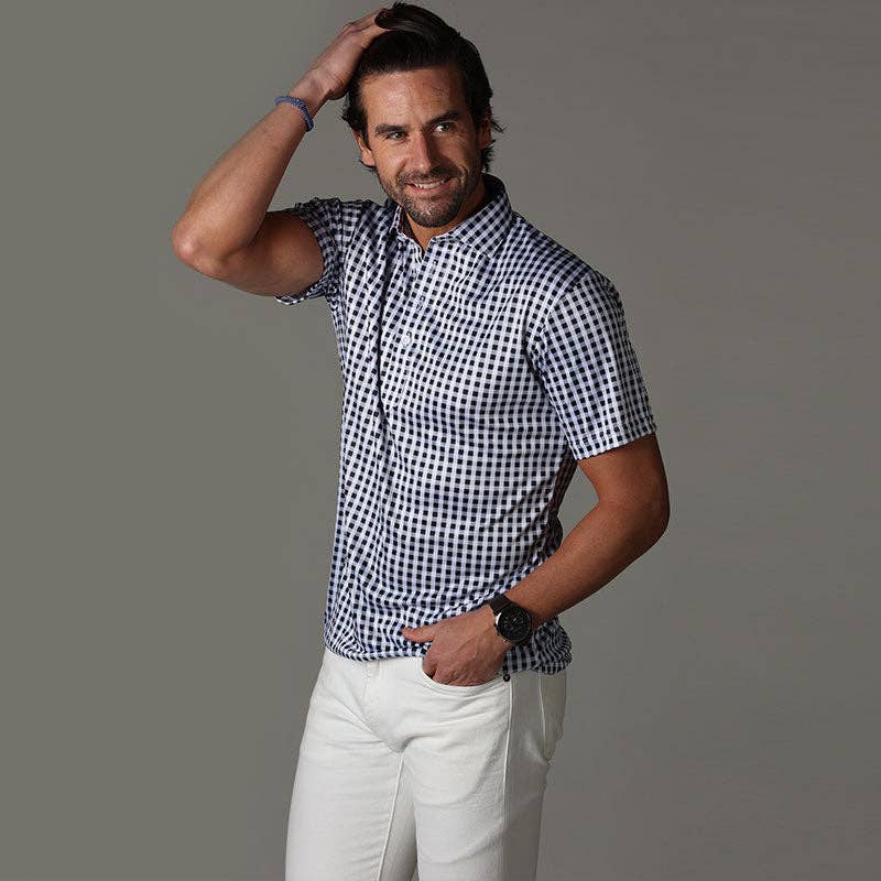 Collars & Co. - Wholesale Polo - Men's - Semi-Spread Collar Polo Black Gingham2