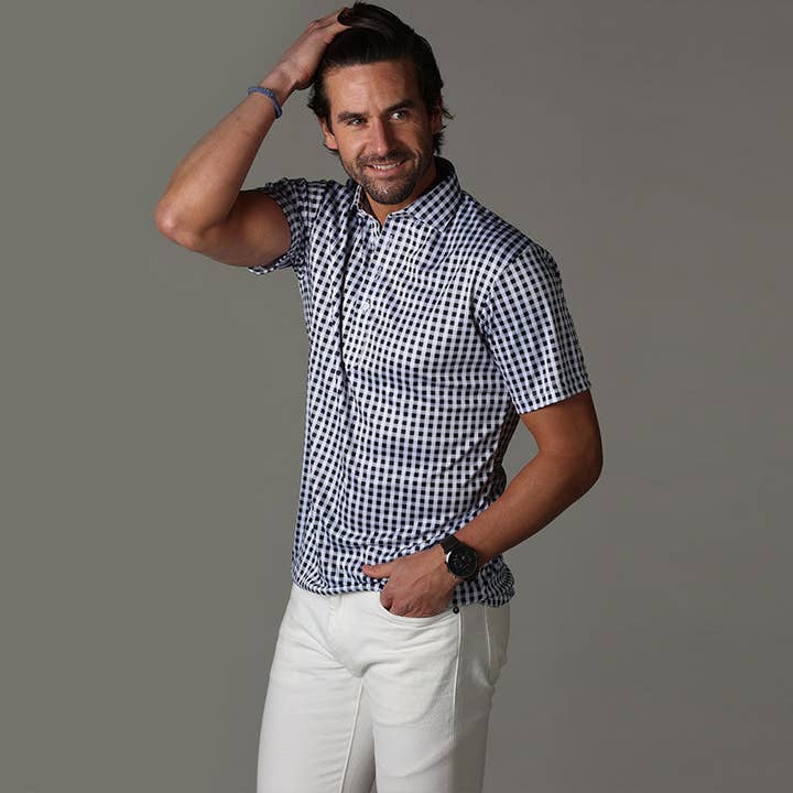 Collars & Co. - Wholesale Polo - Men's - Semi-Spread Collar Polo Black Gingham2