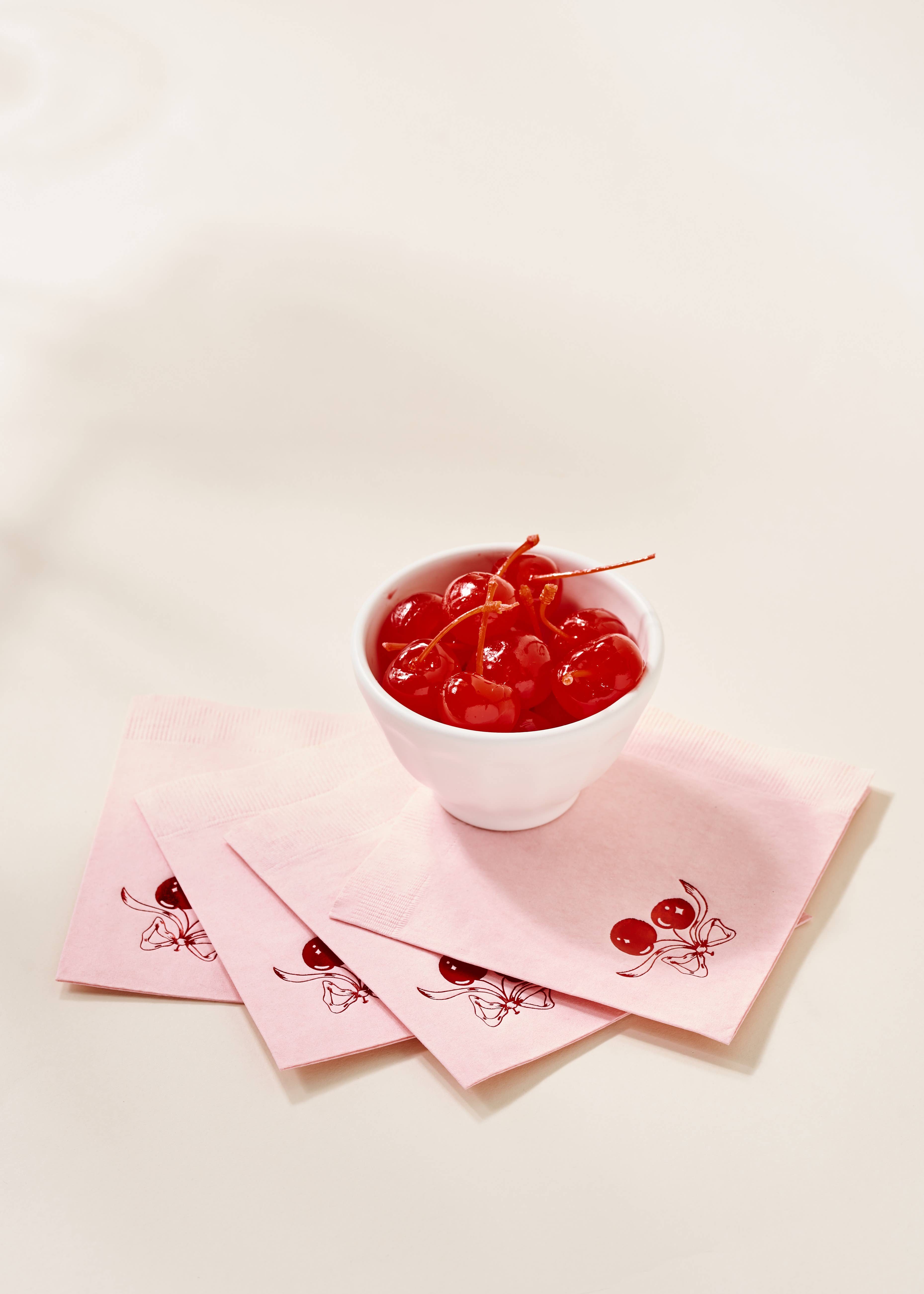 One & Only Paper - Wholesale Disposable Napkin - Red Cherries with Bow On Pink Napkin - Set of 204