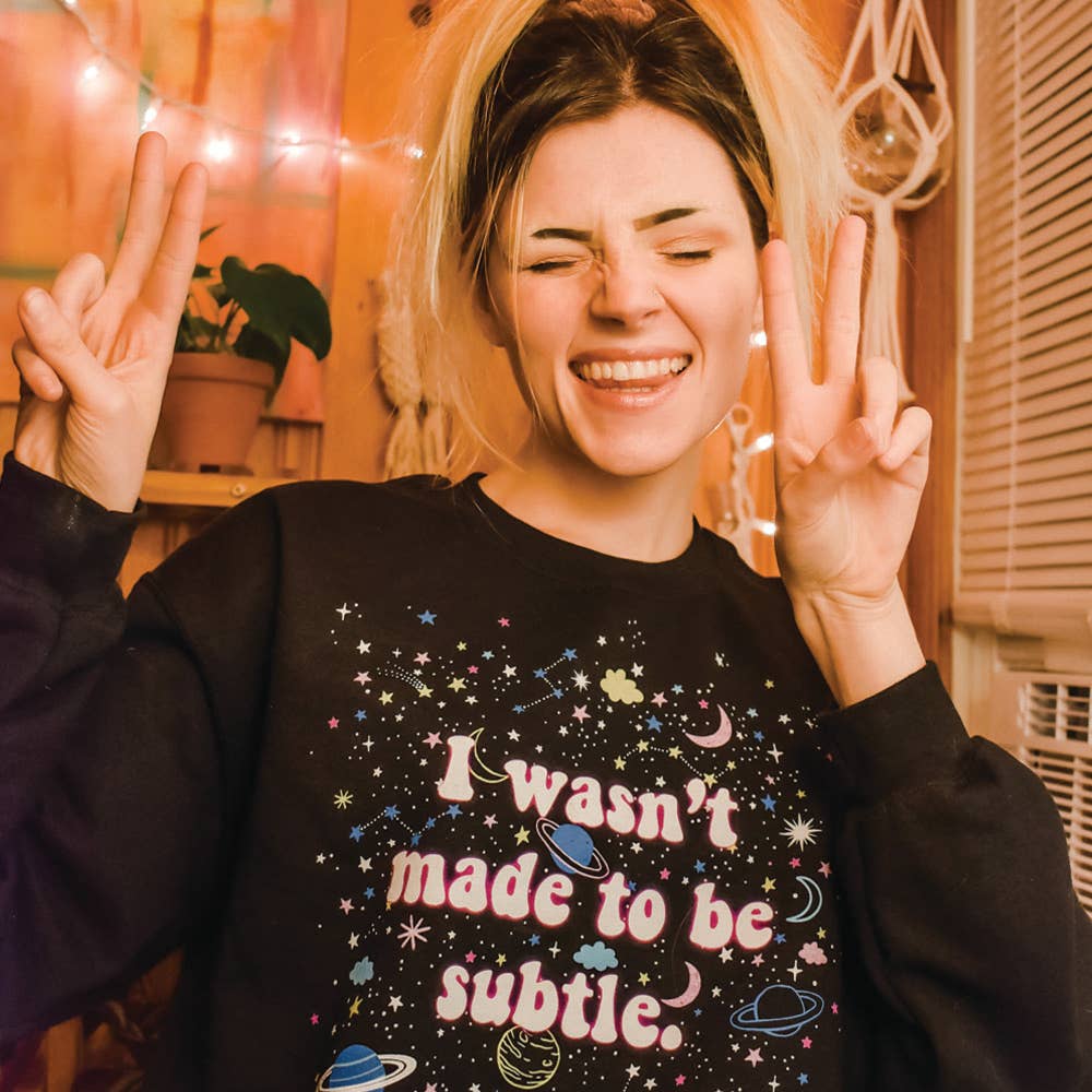 Black With Multi Color Print I wasn't made to be subtle crewneck pullover for wholesale on Faire2