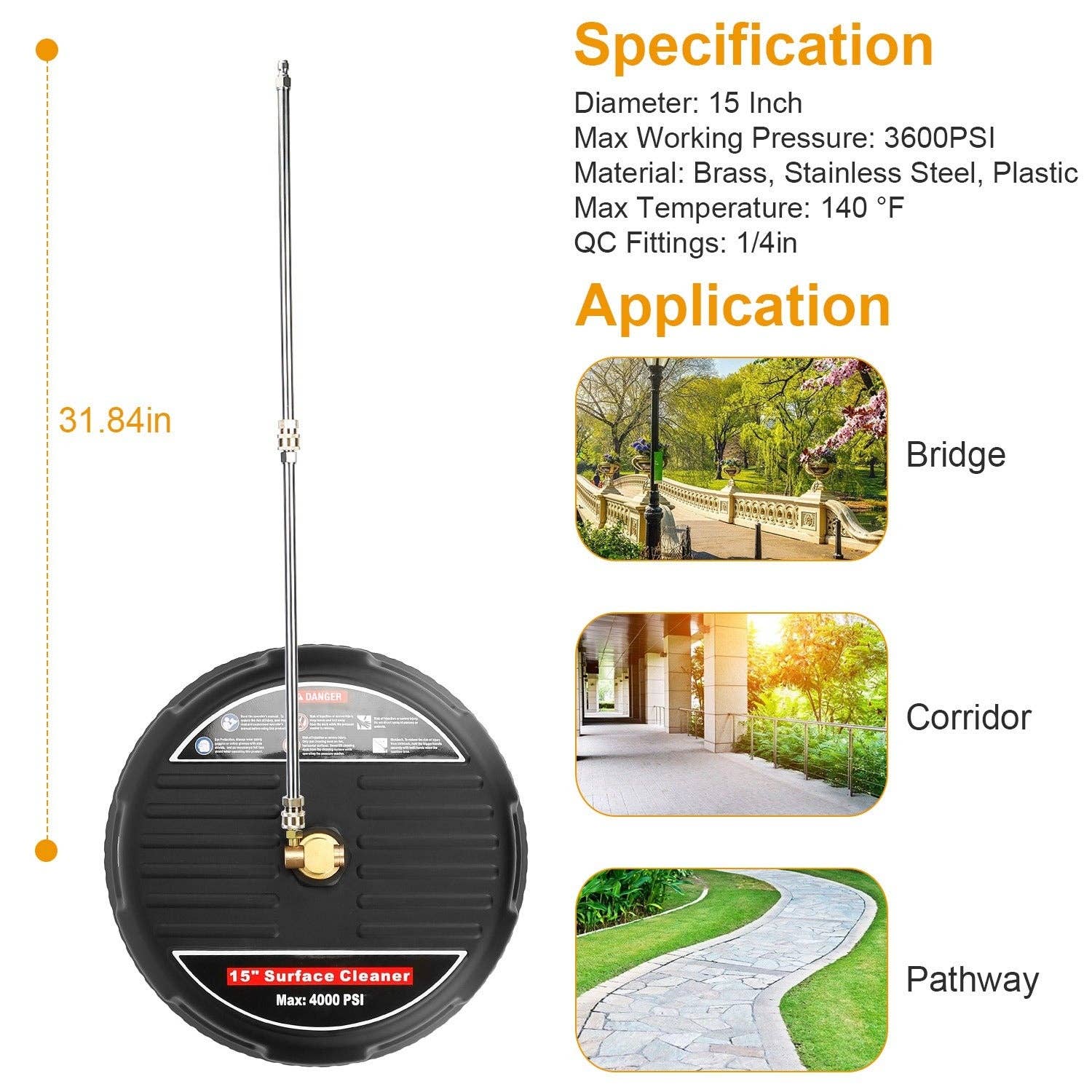 Black 15in High Pressure Flat Surface Cleaner 4000PSI Disc Power Washer Broom for wholesale on Faire2