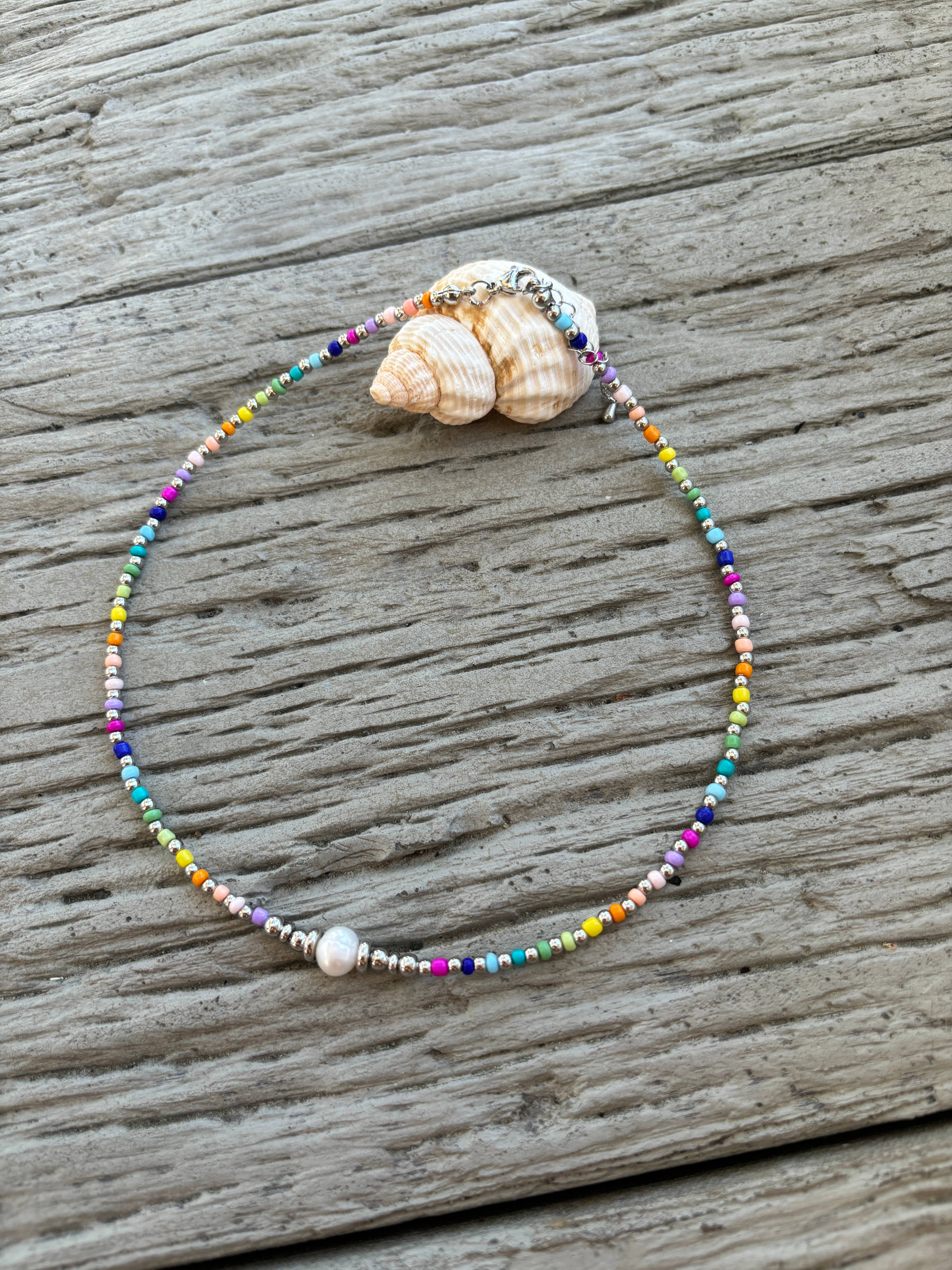 Ocean Ripples - Wholesale Beaded/Pearl Necklace - 18ct Silver Plated Miyuki Rainbow Necklace 1