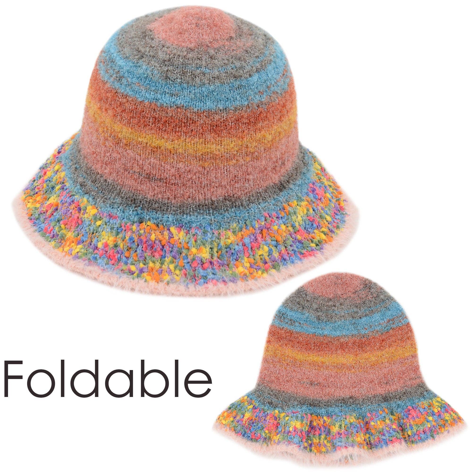 AK Brand – wholesale Bucket hat – Women's – Colorful Striped Knit Bucket Hat Fluffy Winter Fisherman Hat10