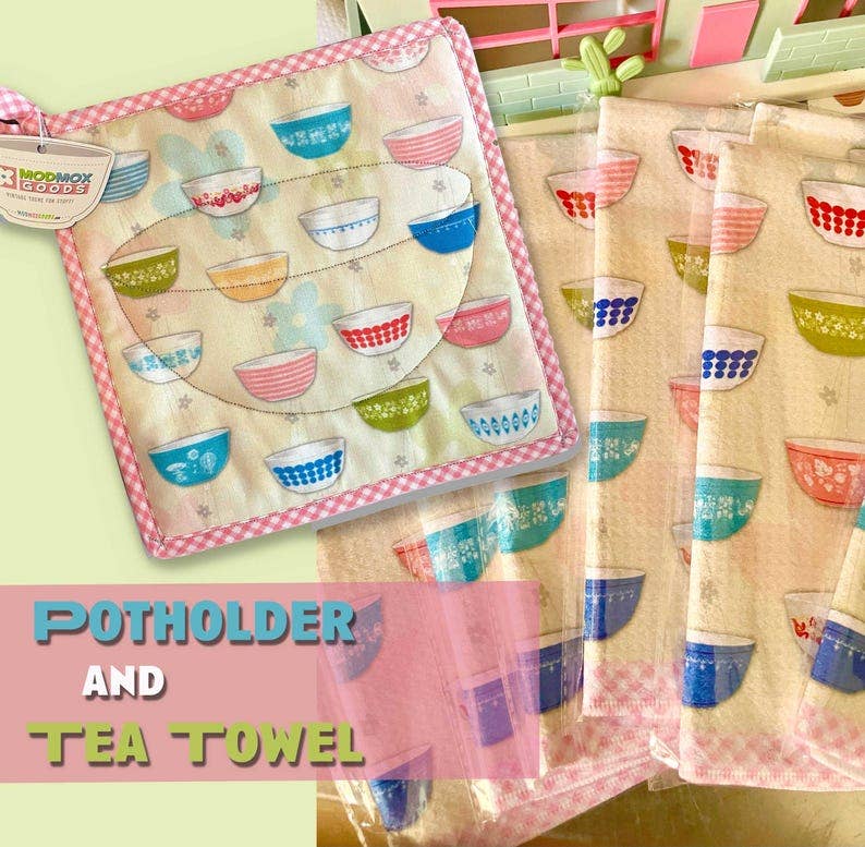 ModMoxGoods - Wholesale Tea Towel - TEA TOWEL Pyrex Vintage Bowls Collection Kitchen theme Waffl4