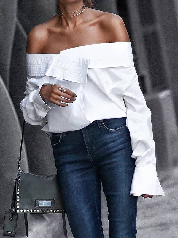 BLANC T-shirt décontracté à manches longues avec jointure fendue en vente sur Faire1